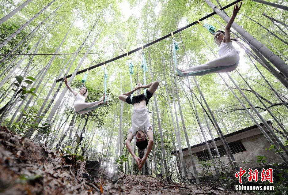 长沙公园上演竹林空中瑜伽 小龙女表演绳上睡