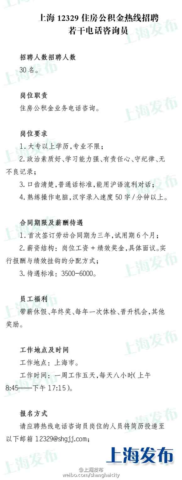 上海市住房公积金热线招30人:月薪3500-6000