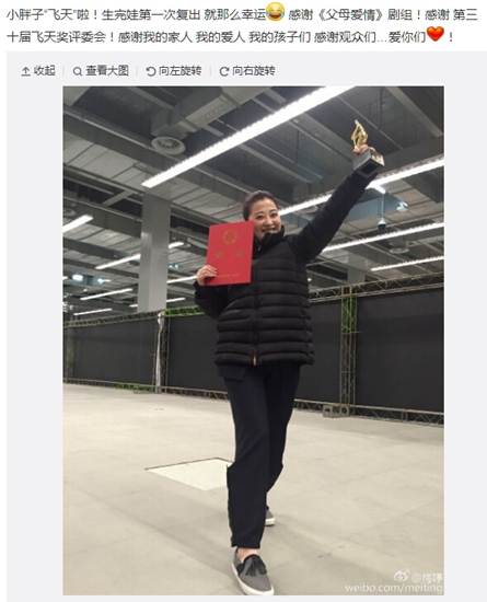 梅婷获飞天奖视后 网友称“演得特别好！”(图)