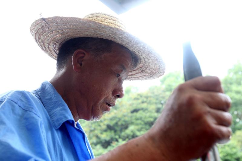 烈日炙烤的湖面,只有保洁员老陈一条船