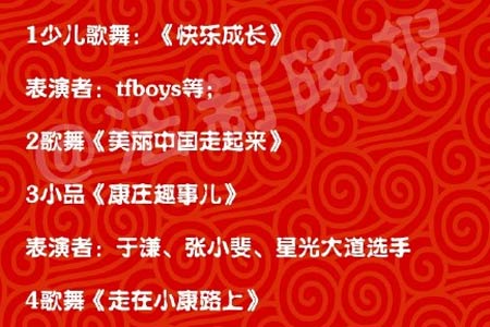 猴年 春晚 第一份完整 节目单曝光  TFboys胡歌等